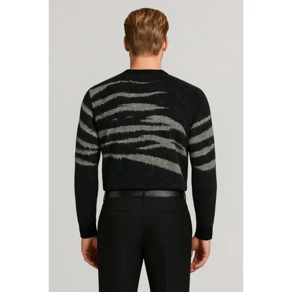AllSaints Oversized Mohair Sweater in Gray + Black Abstract Stripe